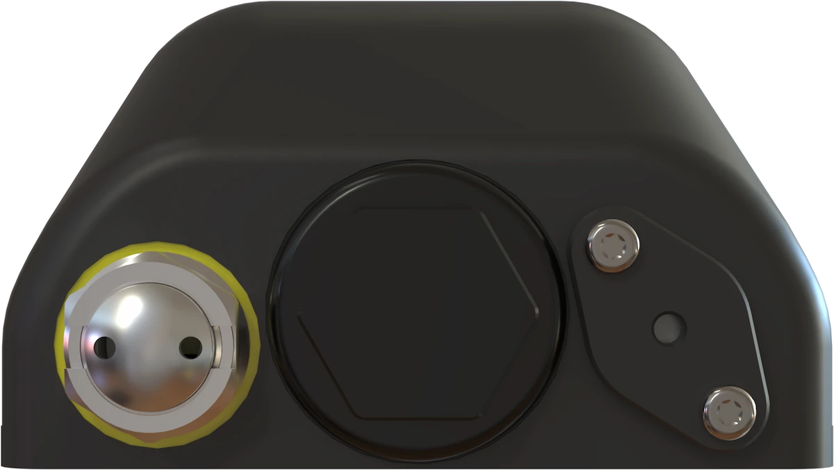Back view of the animal-borne camera showing the charging and data connector and end cap hardware