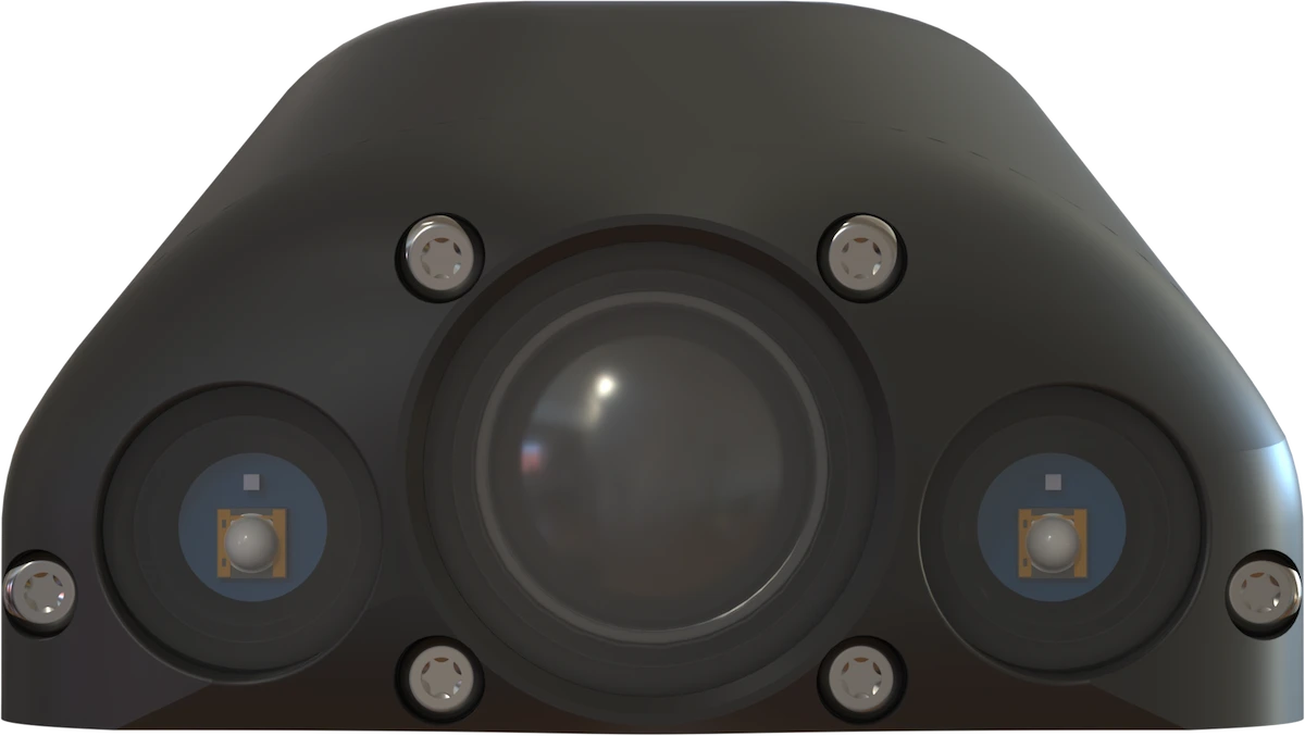 Front view of the animal-borne camera showing the central sapphire viewport flanked by two near IR LEDs