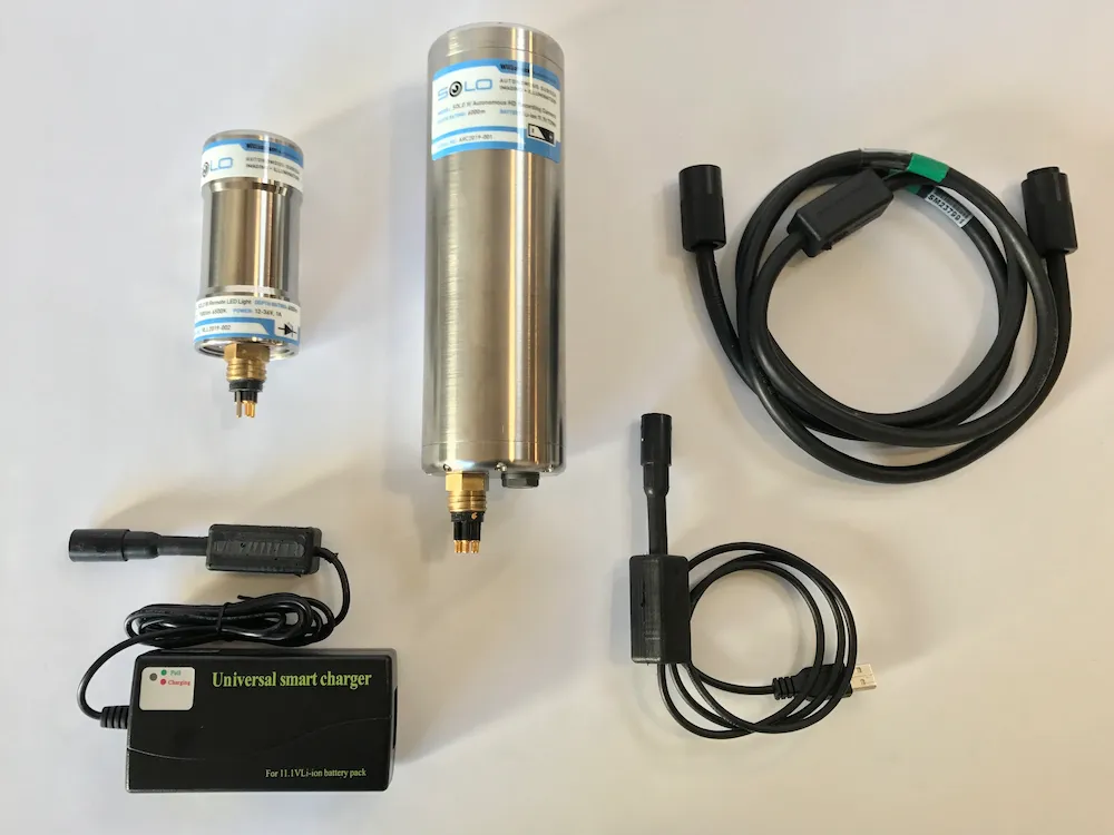 Components for complete integration: Autonomous Recording Camera, Subsea LED Light, connector cables, and batter charger
