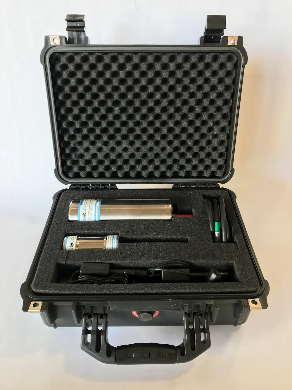 Industrial, weather-proof hard case with custom foam lining for packaging of Autonomous Recording Camera, Subsea LED Light, and accessories