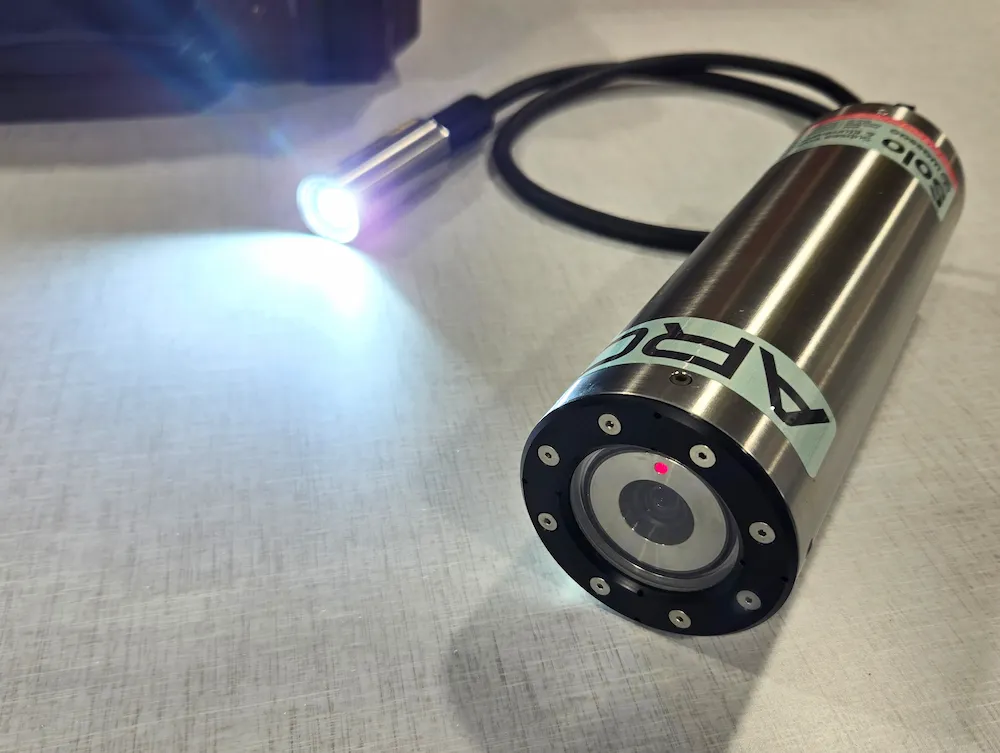 Autonomous Recording Camera connected to Subsea LED Light powered on showing red light indicator and led light on