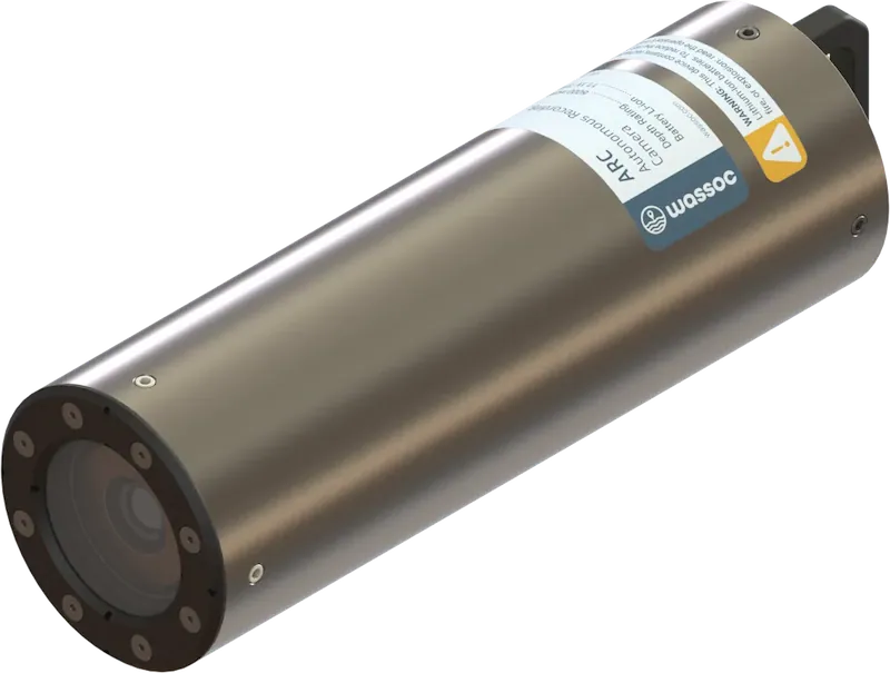 Wassoc's battery operated subsea Autonomous Recording Camera showing compact titanium housing and sapphire viewport