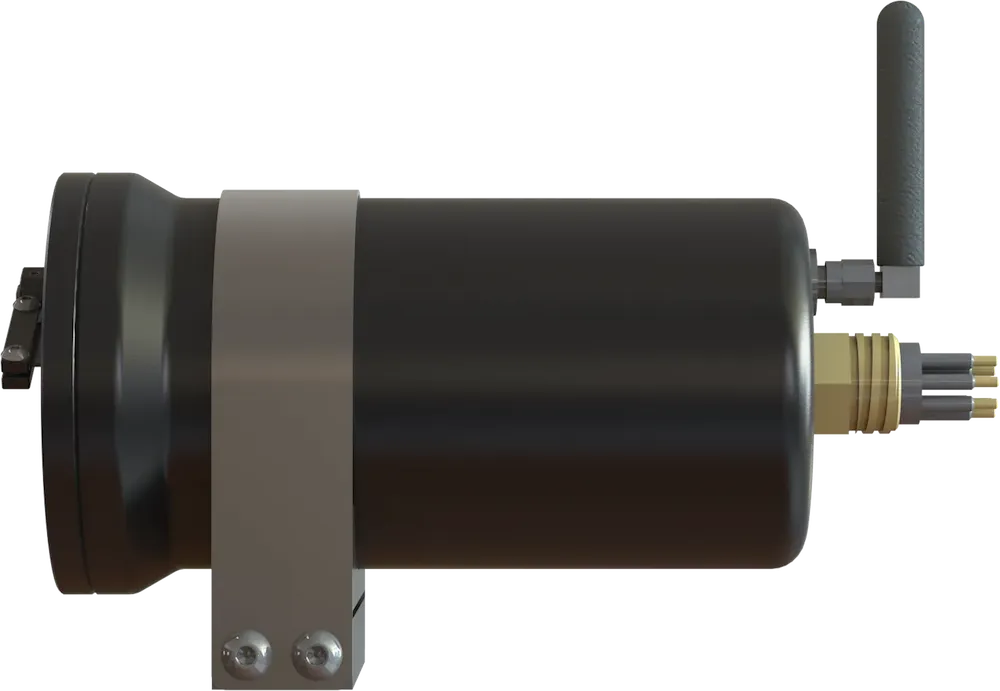 Side view of Wassoc's Buoy Camera showing antenna for cellular and wifi connectivity and Subconn connector
