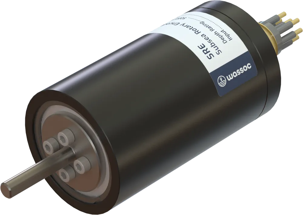 Wassoc's Subsea Rotarty Encoder with compact anodized aluminum housing and rotational shaft