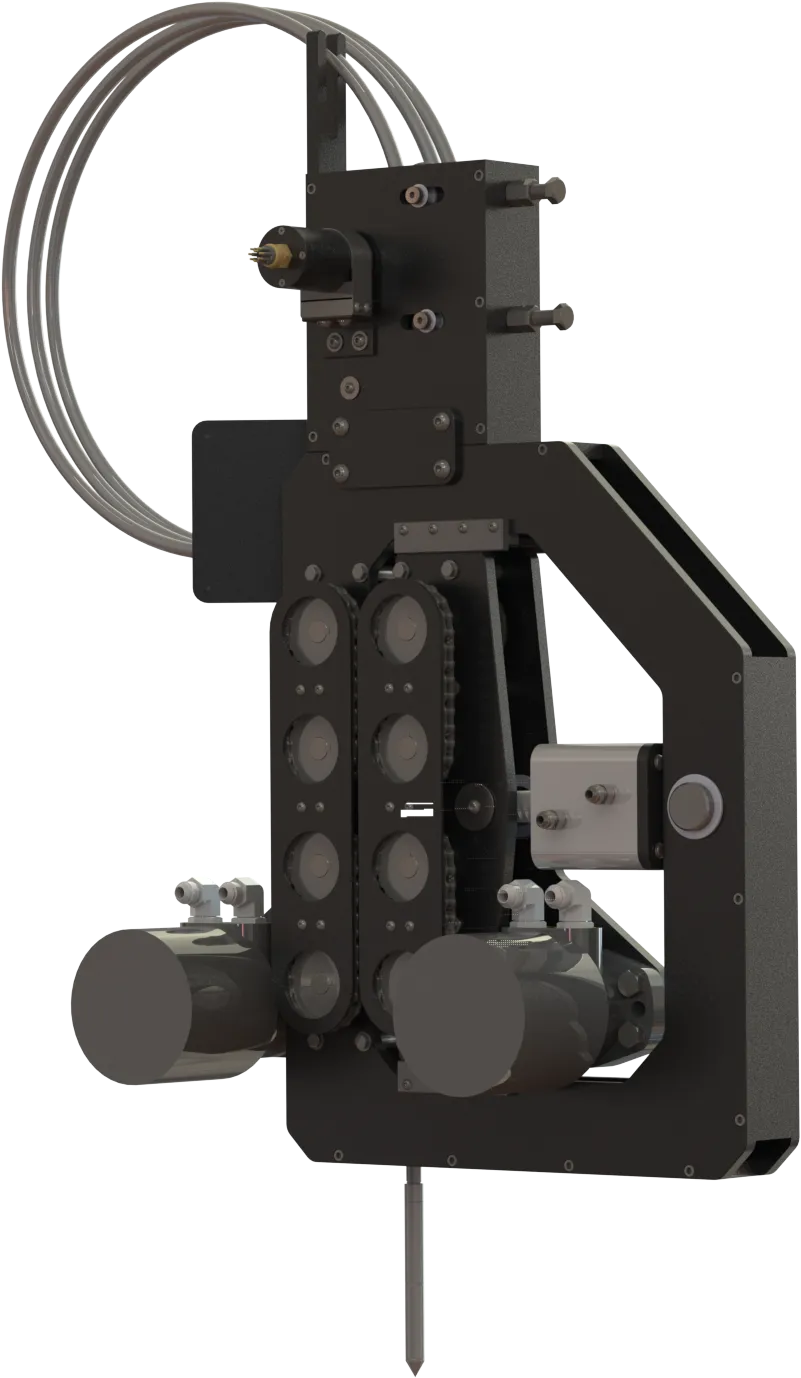 Wassoc's Cone Penetration showing coiled rod, subsea hydraulic motors, gear chain and rollers